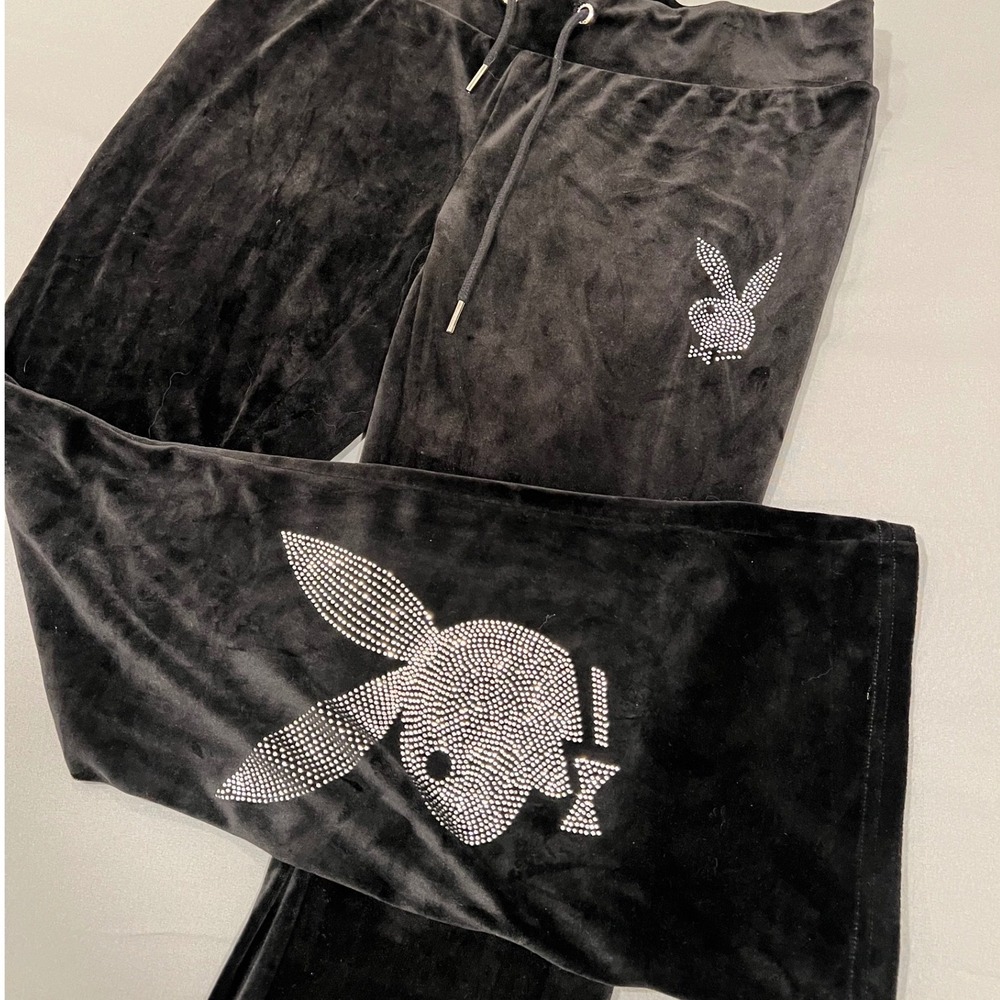 Playboy Black Velour Rhinestone Flare Pants Y2K Bunny Logo Joggers XL